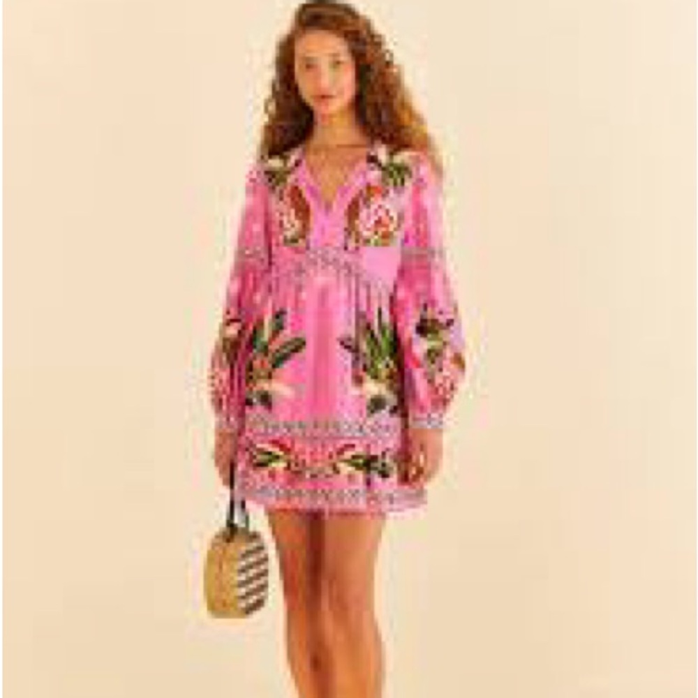 FARM Rio Pink Long Sleeve V-Neck Sundress
